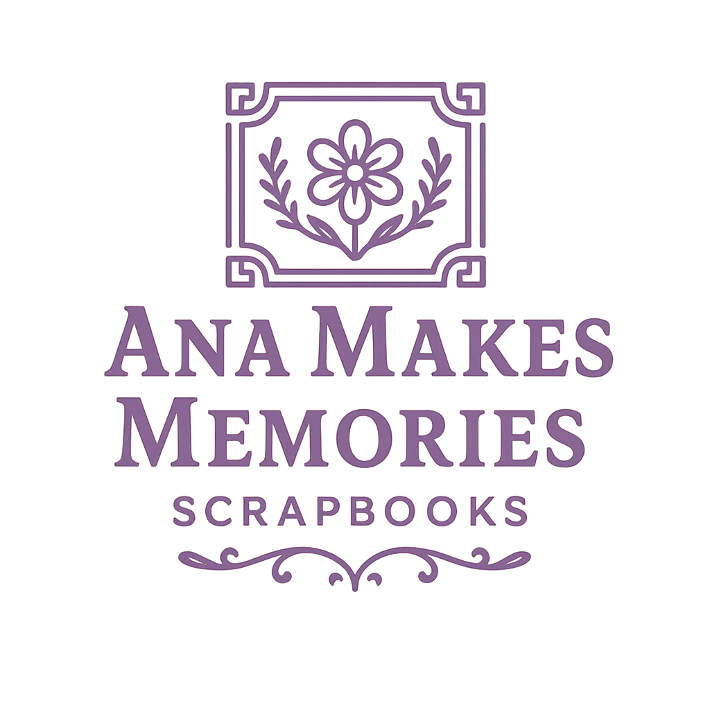 Ana Makes Memories logo featuring a scrapbook icon and purple decorative frame