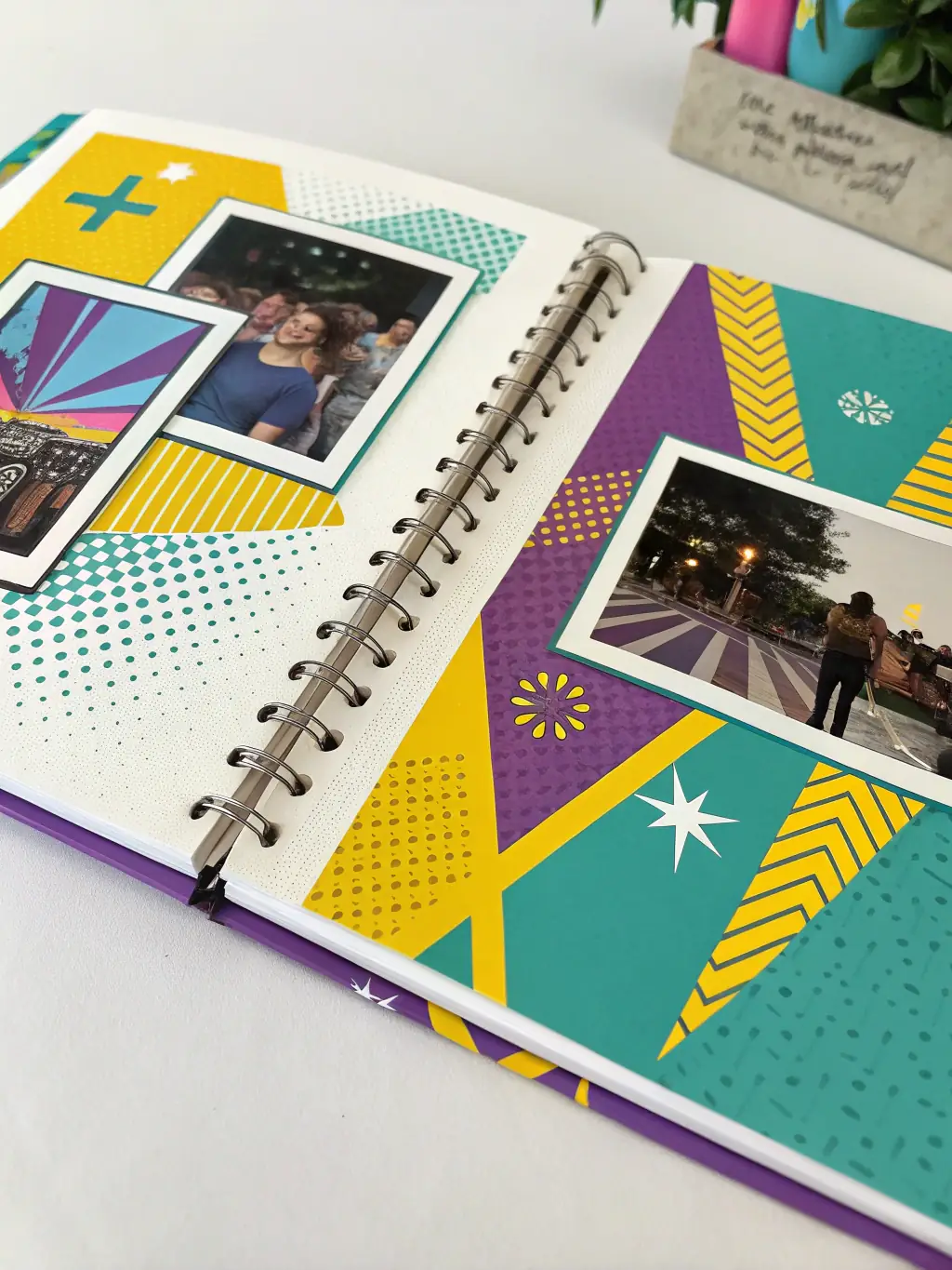 A modern and minimalist scrapbook with clean lines, geometric patterns, and vibrant color blocks, perfect for showcasing contemporary memories.
