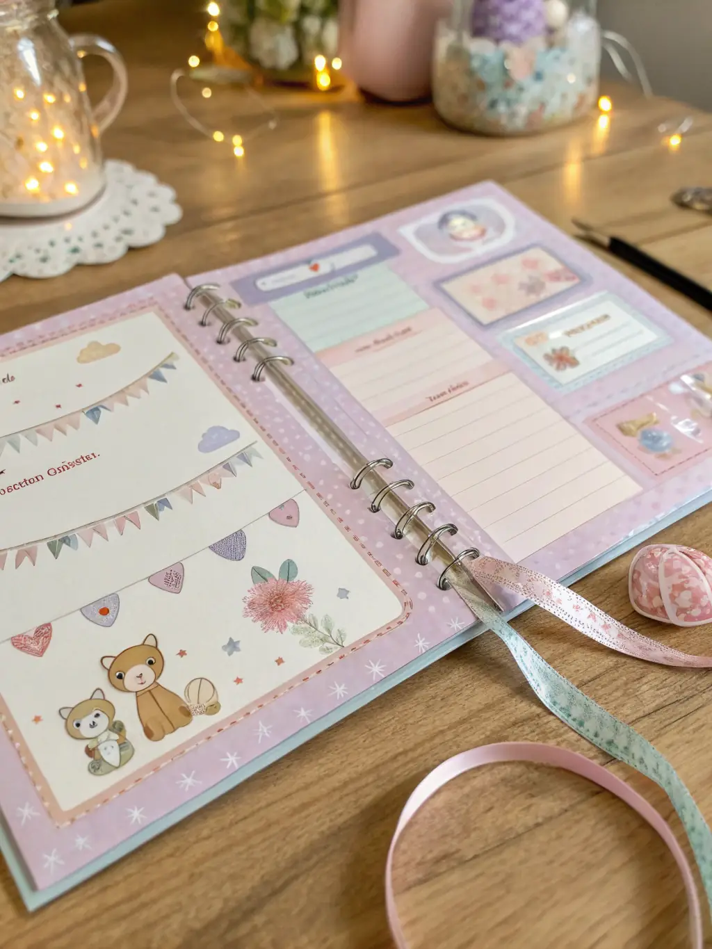 A baby-themed scrapbook with pastel colors, cute animal illustrations, and space for recording milestones, perfect for preserving precious memories of a baby's first year.