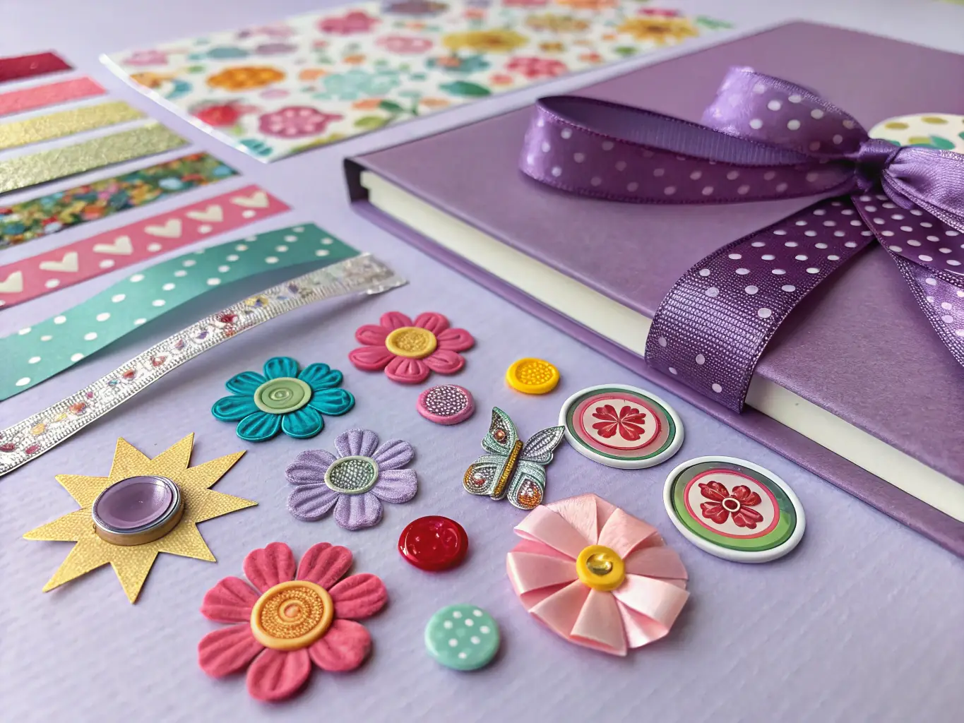 A close-up shot of various scrapbook embellishments, including stickers, ribbons, and decorative paper, arranged on a lilac-colored background.
