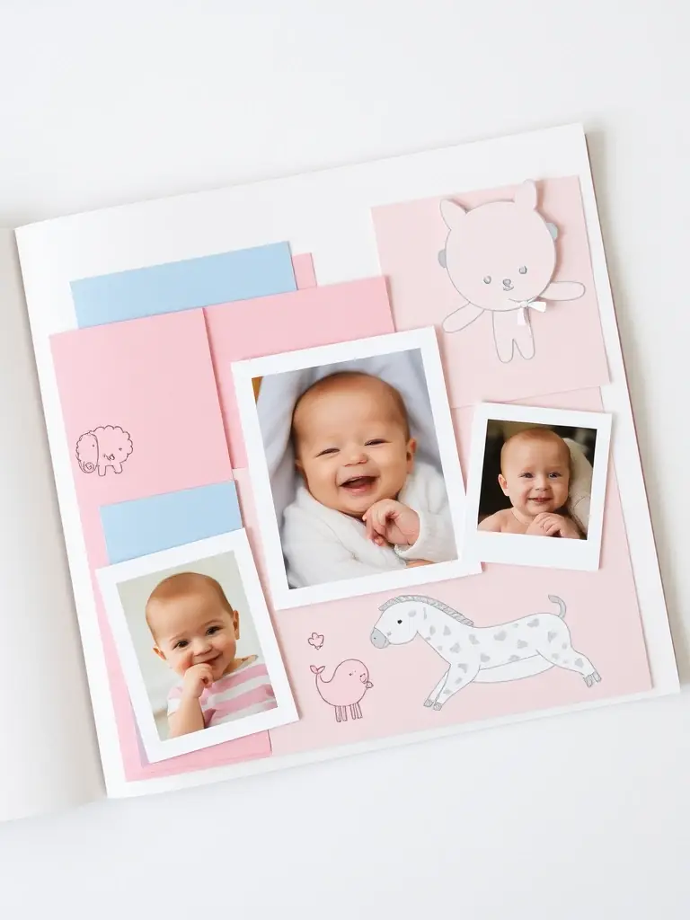 A scrapbook page featuring baby photos, hand-drawn illustrations, and pastel-colored paper, showcasing the heartwarming and personalized baby scrapbooks created by Ana Makes Memories.