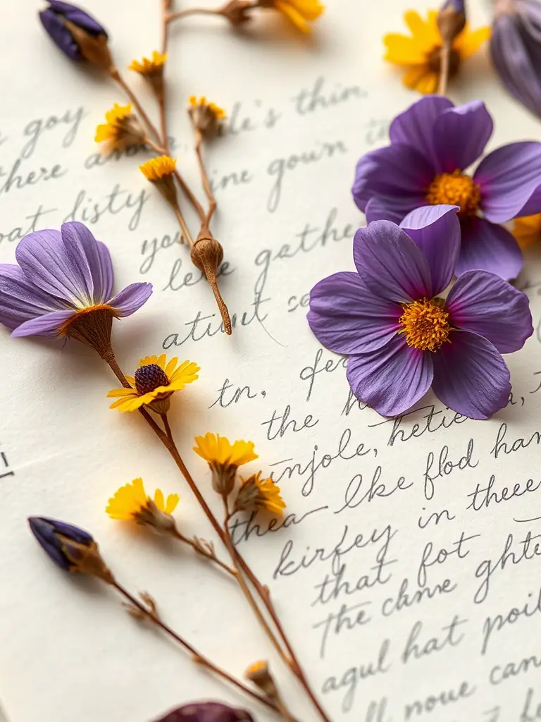 Close-up shot of a scrapbook page featuring pressed flowers and handwritten journaling, showcasing the delicate and personalized touch of Ana Makes Memories' crafting services.