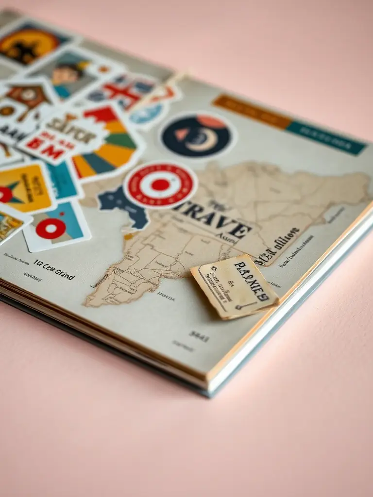 Image of a scrapbook page with travel-themed stickers, maps, and ticket stubs, illustrating the adventure and memories captured in Ana Makes Memories' travel scrapbooks.
