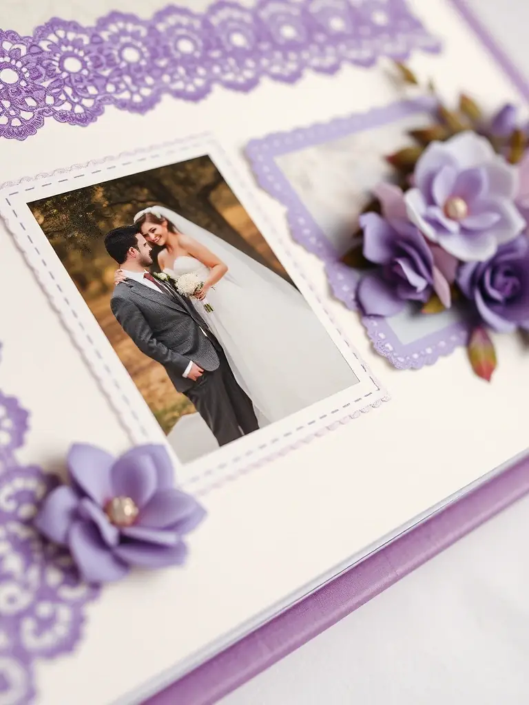 Image of a wedding scrapbook page with elegant purple accents, lace details, and photos of the happy couple, highlighting the romantic and personalized wedding scrapbooks by Ana Makes Memories.