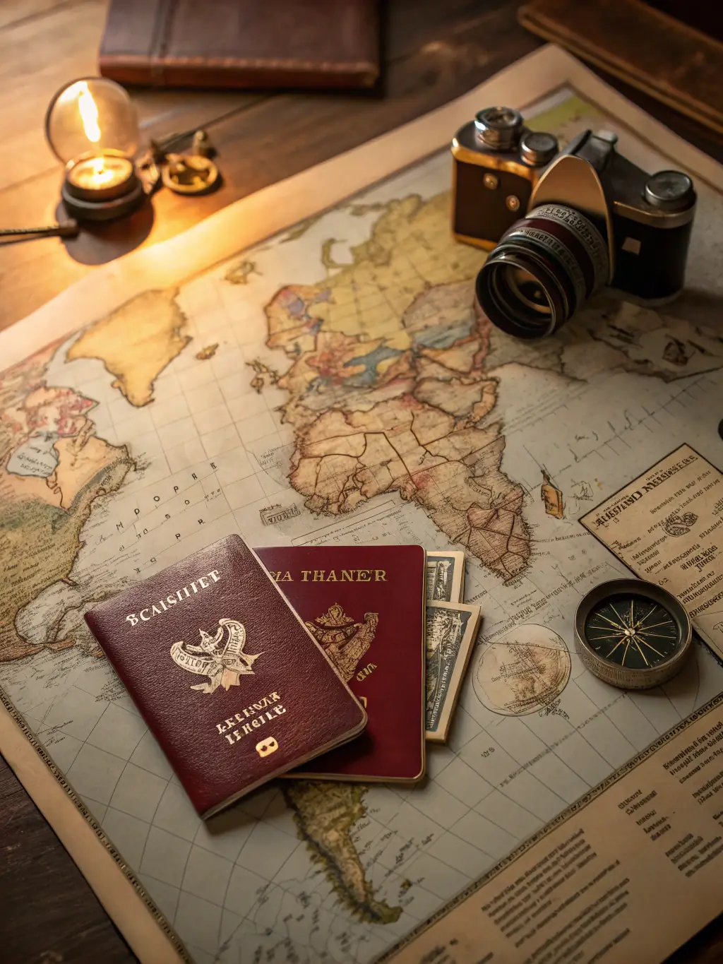 A travel-themed scrapbook with maps, ticket stubs, passport stamps, and photos from around the world, capturing the spirit of adventure and exploration.